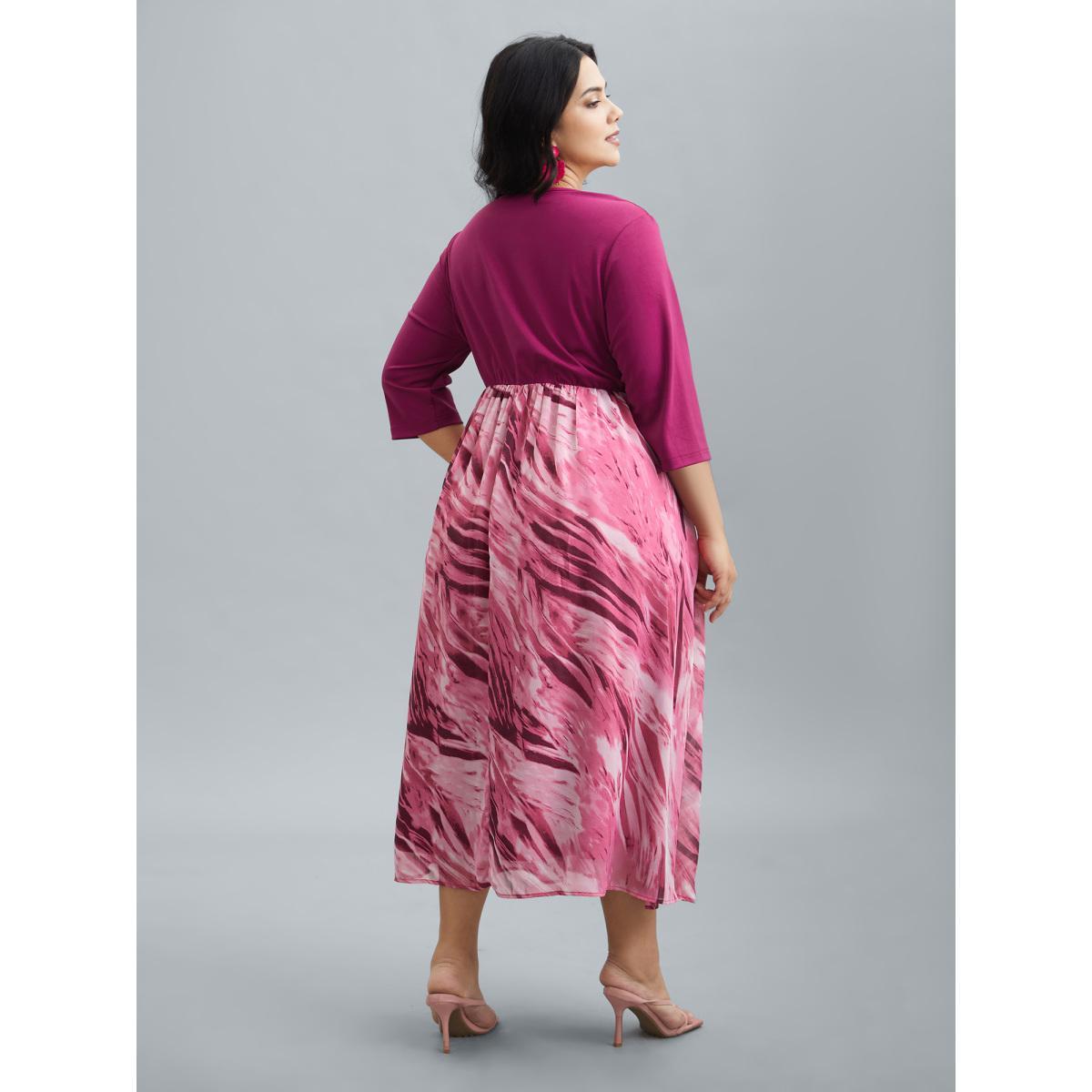 Plus Size Abstract Print Spliced V-Neck Midi Dress Rosered Women Elegant Patchwork V-neck Elbow-length sleeve Curvy BloomChic 22-24/3X Product Image