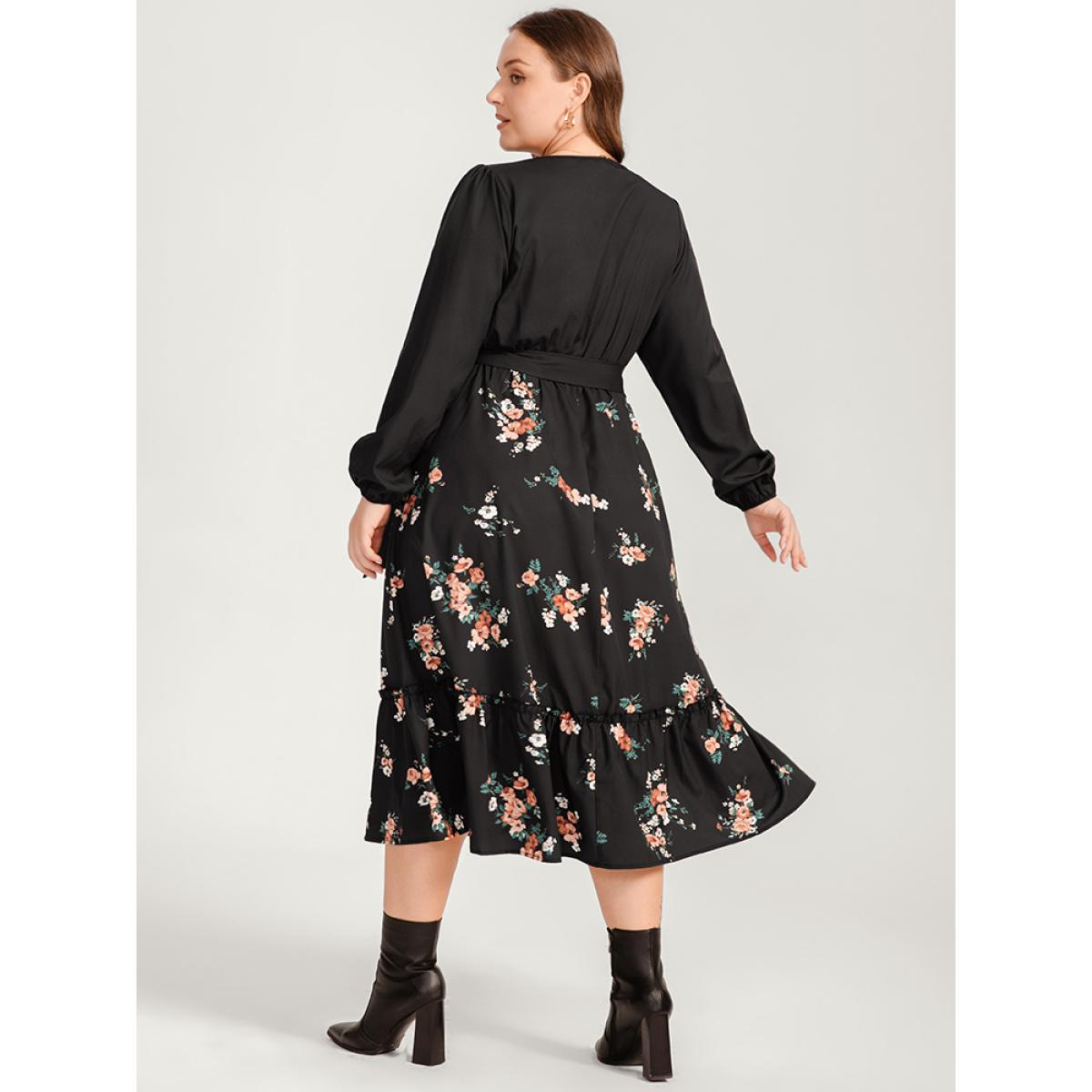 Plus Size Floral Lantern Sleeve Pocket Belted Wrap Flutter Dress Black Women Elegant Belted V-neck Long Sleeve Curvy Midi Dress BloomChic 14-16/1X Product Image