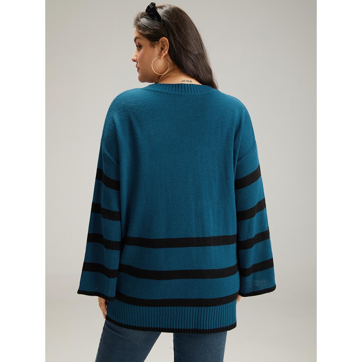 Plus Size Striped Bell Sleeve Moderately Stretchy Pullover Burgundy Women Casual Loose Long Sleeve V-neck Dailywear Pullovers BloomChic 18-20/2X Product Image