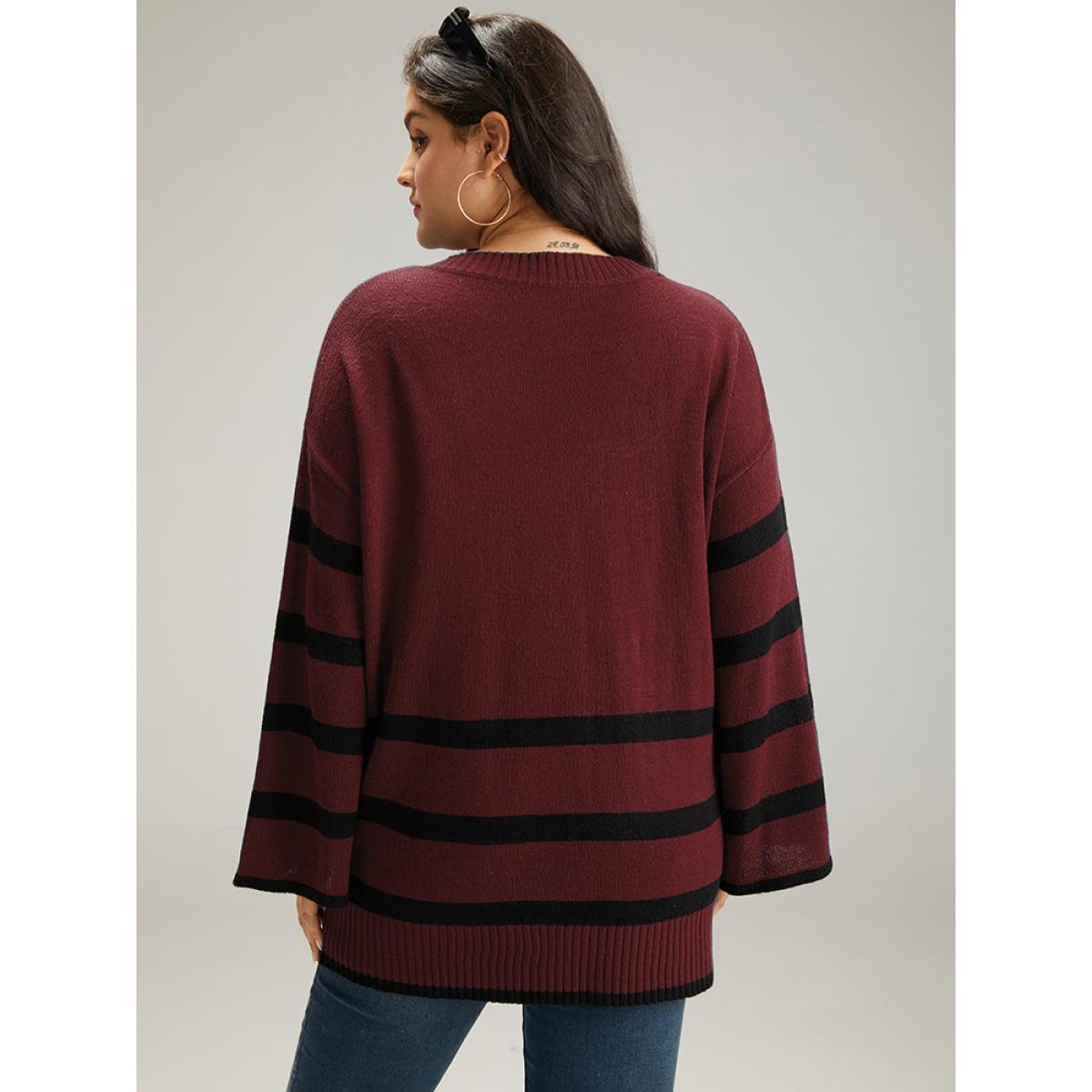 Plus Size Striped Bell Sleeve Moderately Stretchy Pullover Burgundy Women Casual Loose Long Sleeve V-neck Dailywear Pullovers BloomChic 18-20/2X Product Image