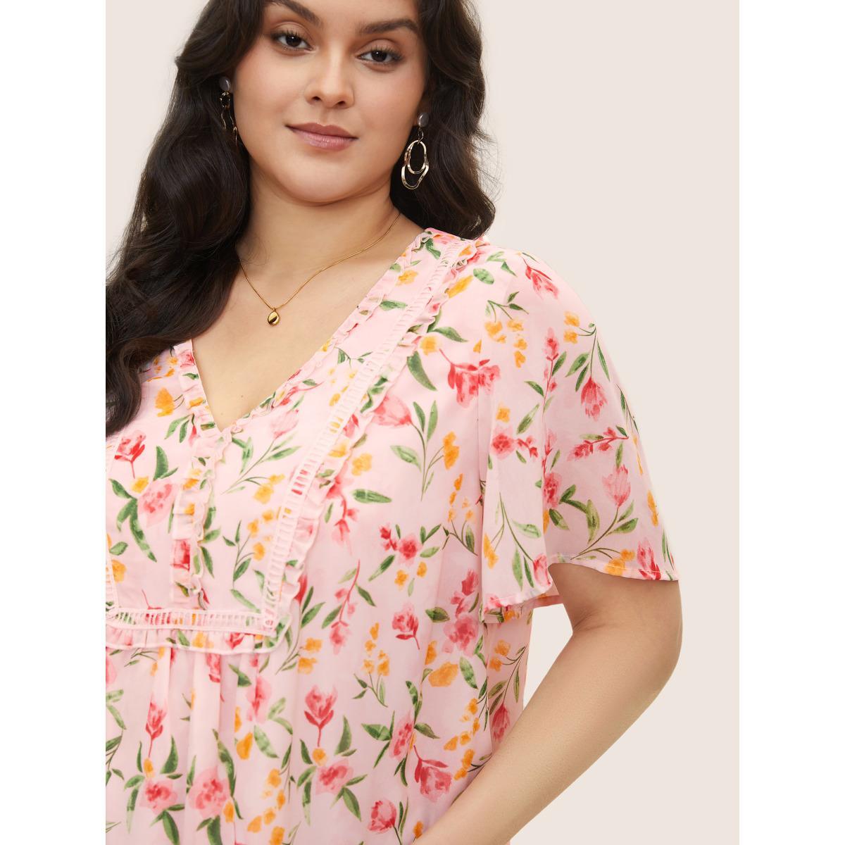 Plus Size MistyRose Chiffon Watercolor Floral Woven Ribbon Frill Trim Blouse Women Elegant Short sleeve V-neck Everyday Blouses BloomChic 28/5X Product Image