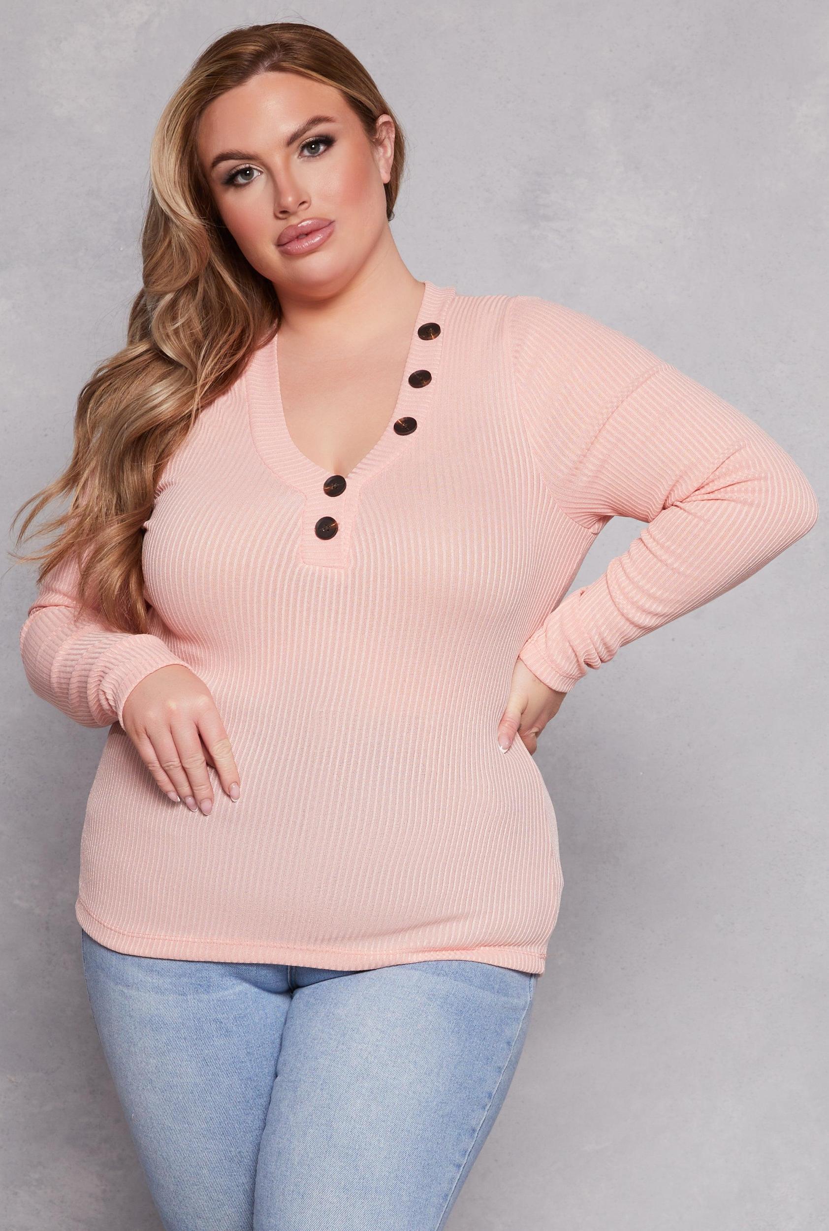 Womens Plus Size Brushed Ribbed Knit V Neck Top Product Image