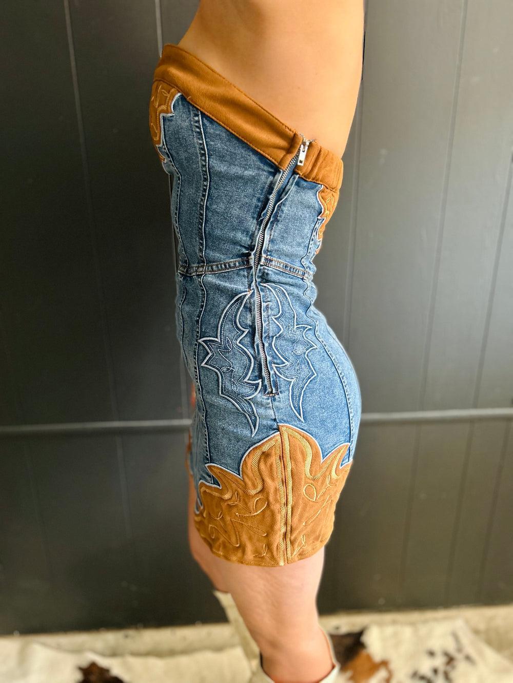Stone Wash Boot Stitch Embroidery Patch Strapless Denim Dress Product Image