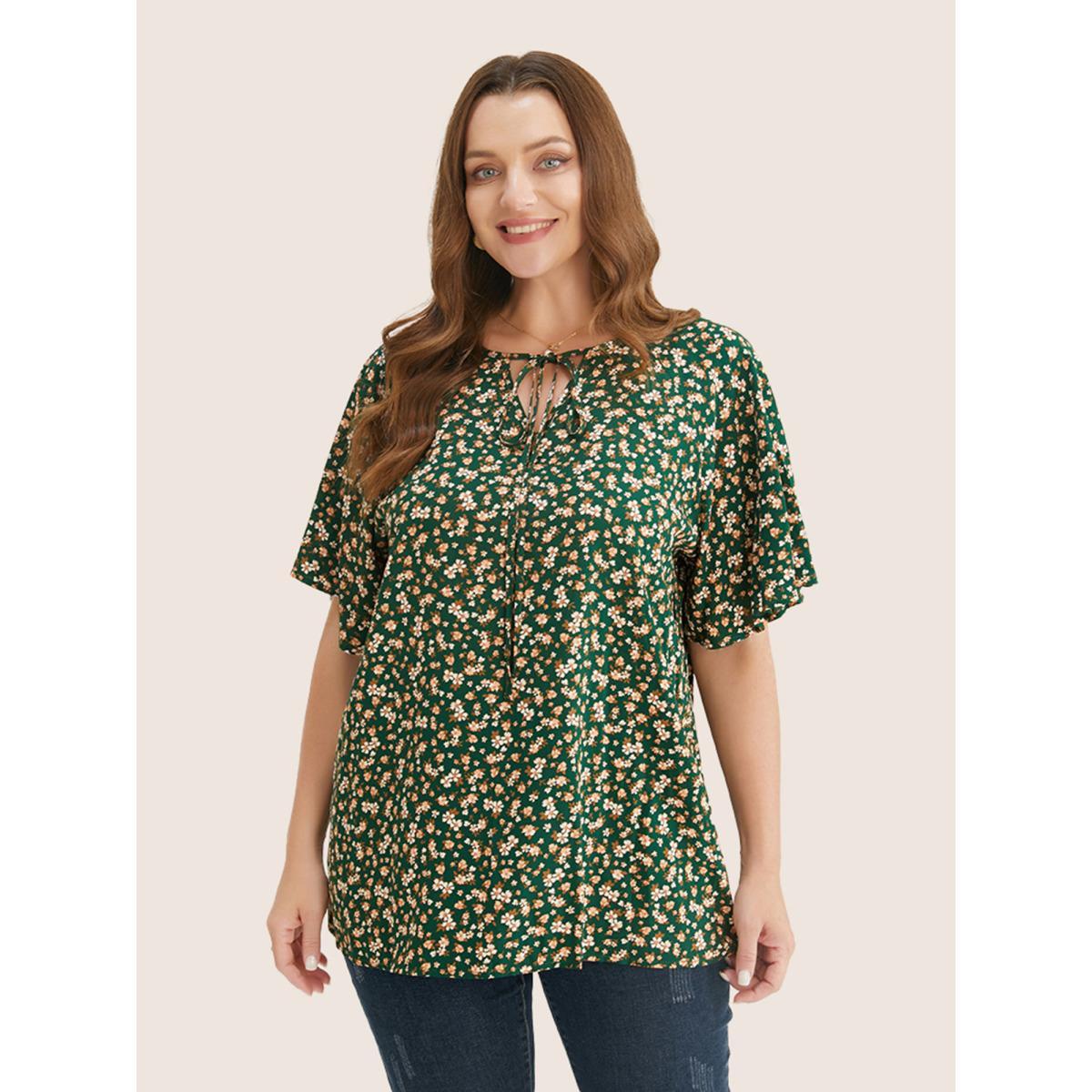 Plus Size ArmyGreen Ditsy Floral Ruffle Sleeve Tie Neck Blouse Women Elegant Short sleeve V-neck Everyday Blouses BloomChic 10/M Product Image