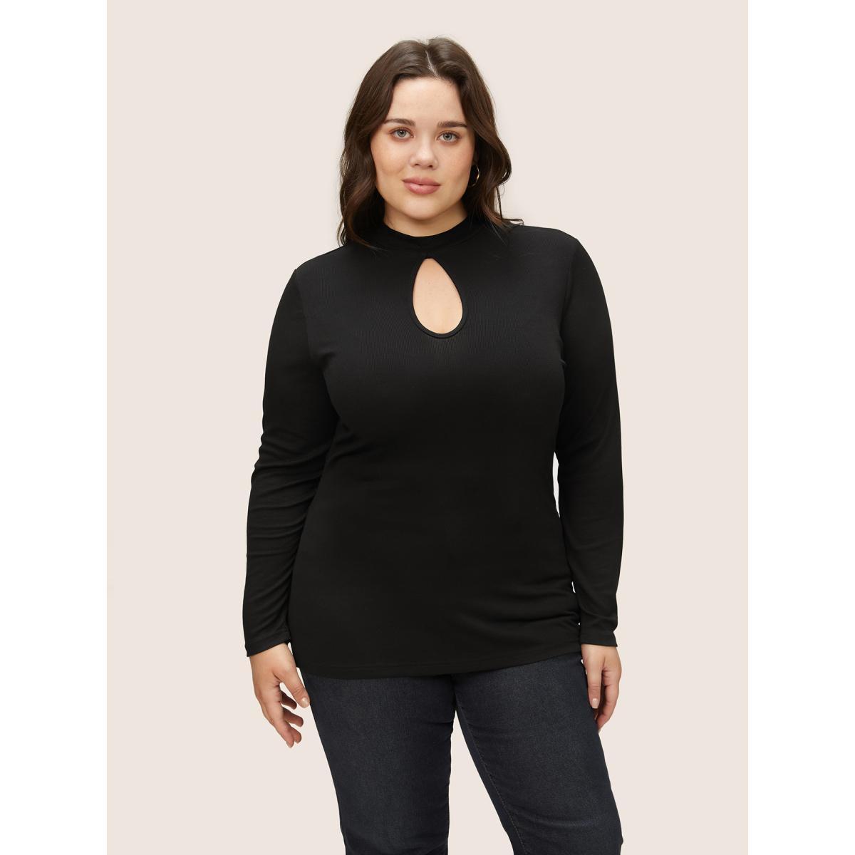 Plus Size Supersoft Essentials Cut Out Rib Knit Skinny T-shirt Black Women Office Plain Plain Keyhole Cut-Out Skinny Dailywear T-shirts BloomChic 12/L Product Image