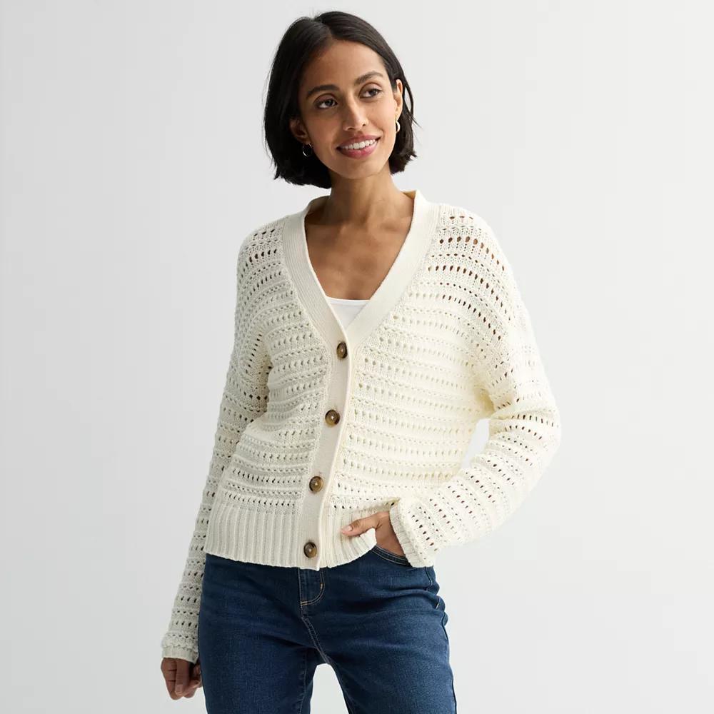 Petite Sonoma Goods For Life Open Stitch Cardigan, Women's, Size: Medium Petite, Ivory Silk Product Image