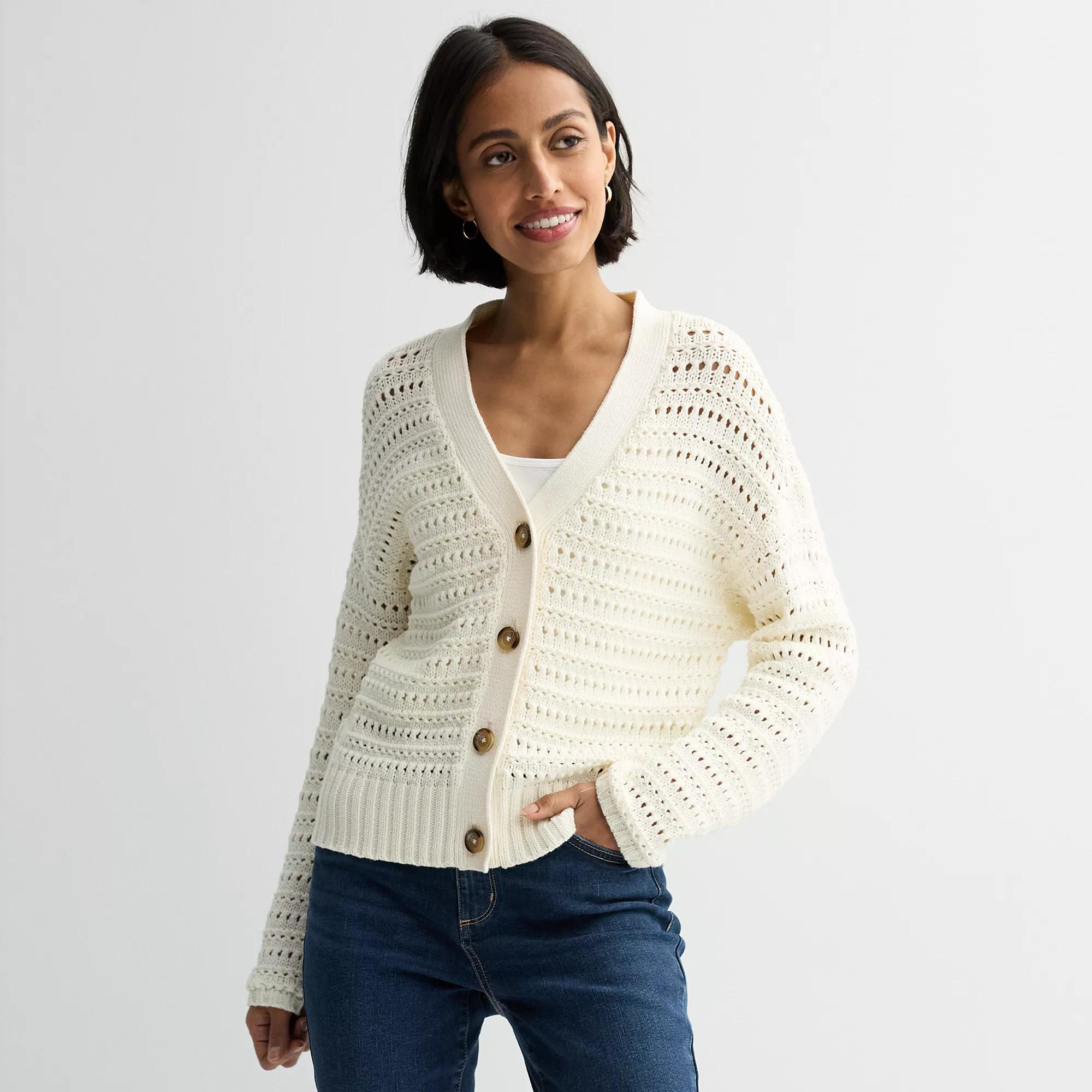 Petite Sonoma Goods For Life Open Stitch Cardigan, Women's, Size: Medium Petite, Ivory Silk Product Image