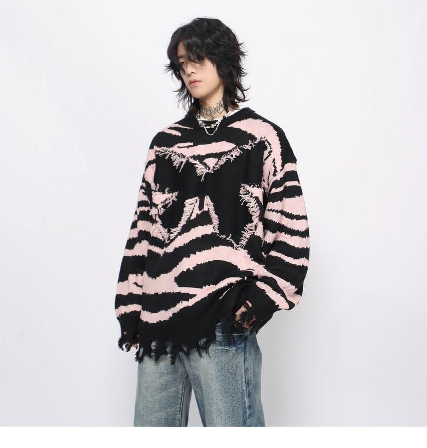 Crew Neck Bow Print Distressed Oversized Sweater Product Image