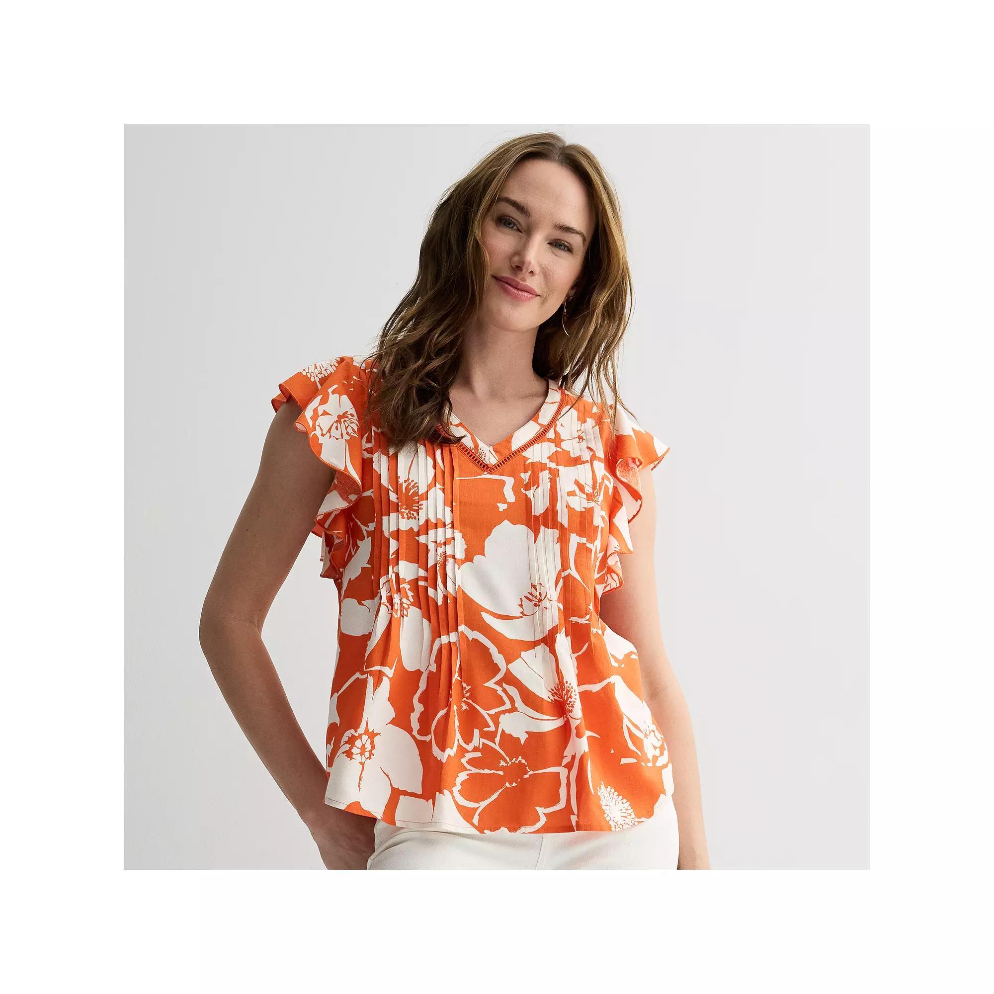 Women's Sonoma Goods For Life® Flutter Sleeve Pintuck Top, Size: XL, Orange Bold Floral Product Image