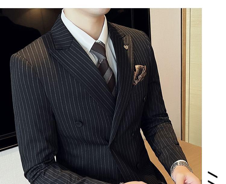 Set: Peak Lapel Striped Double-Breasted Blazer + Mid Rise Cropped Straight Leg Dress Pants + V-Neck Vest Product Image