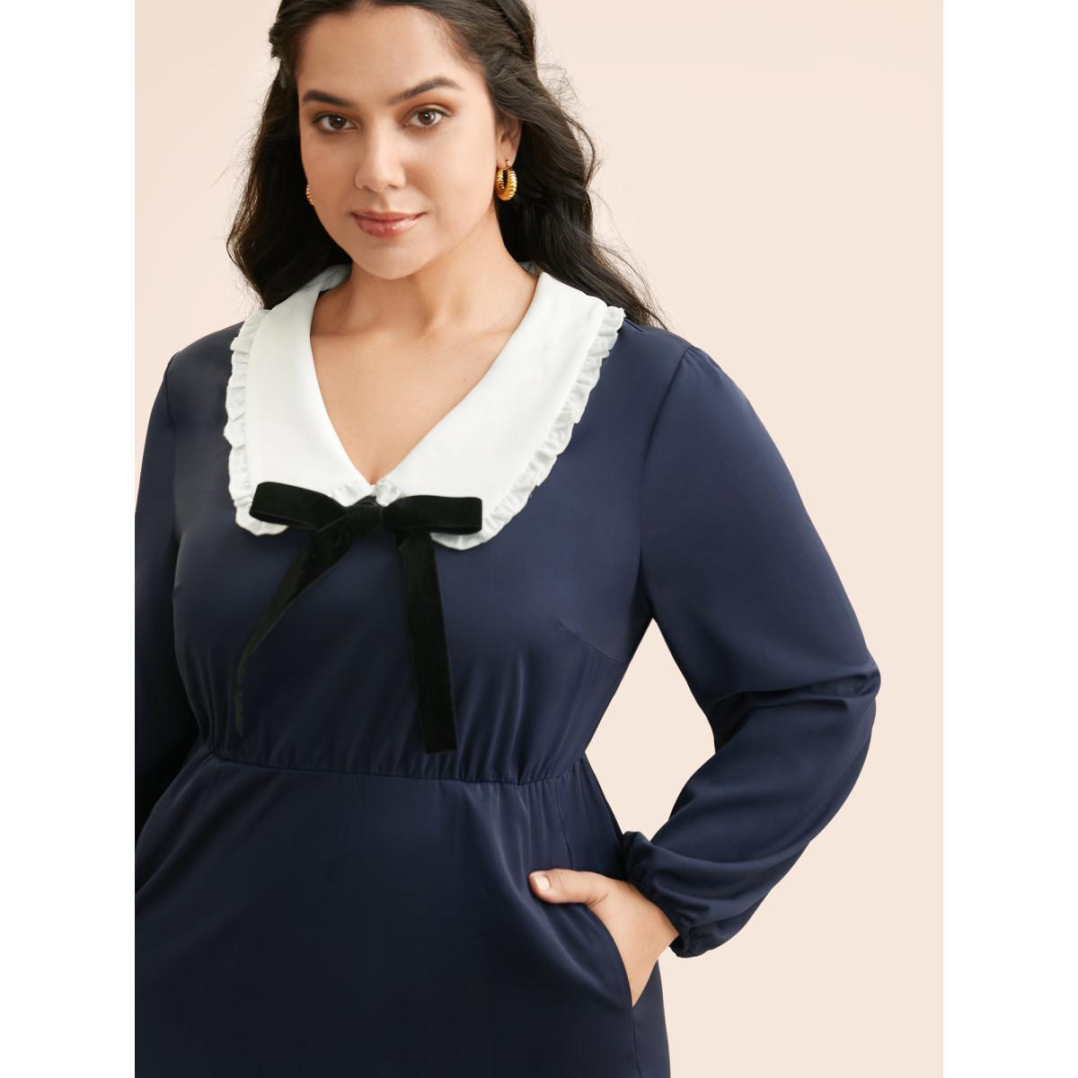 Plus Size Lapel Collar Bowknot Frill Trim Dress Navy Women Elegant Contrast Peter Pan collar Long Sleeve Curvy BloomChic 10/M Product Image