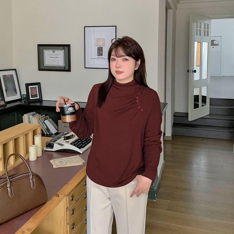 Plus Size Long-Sleeve Mock Neck Plain Top Product Image