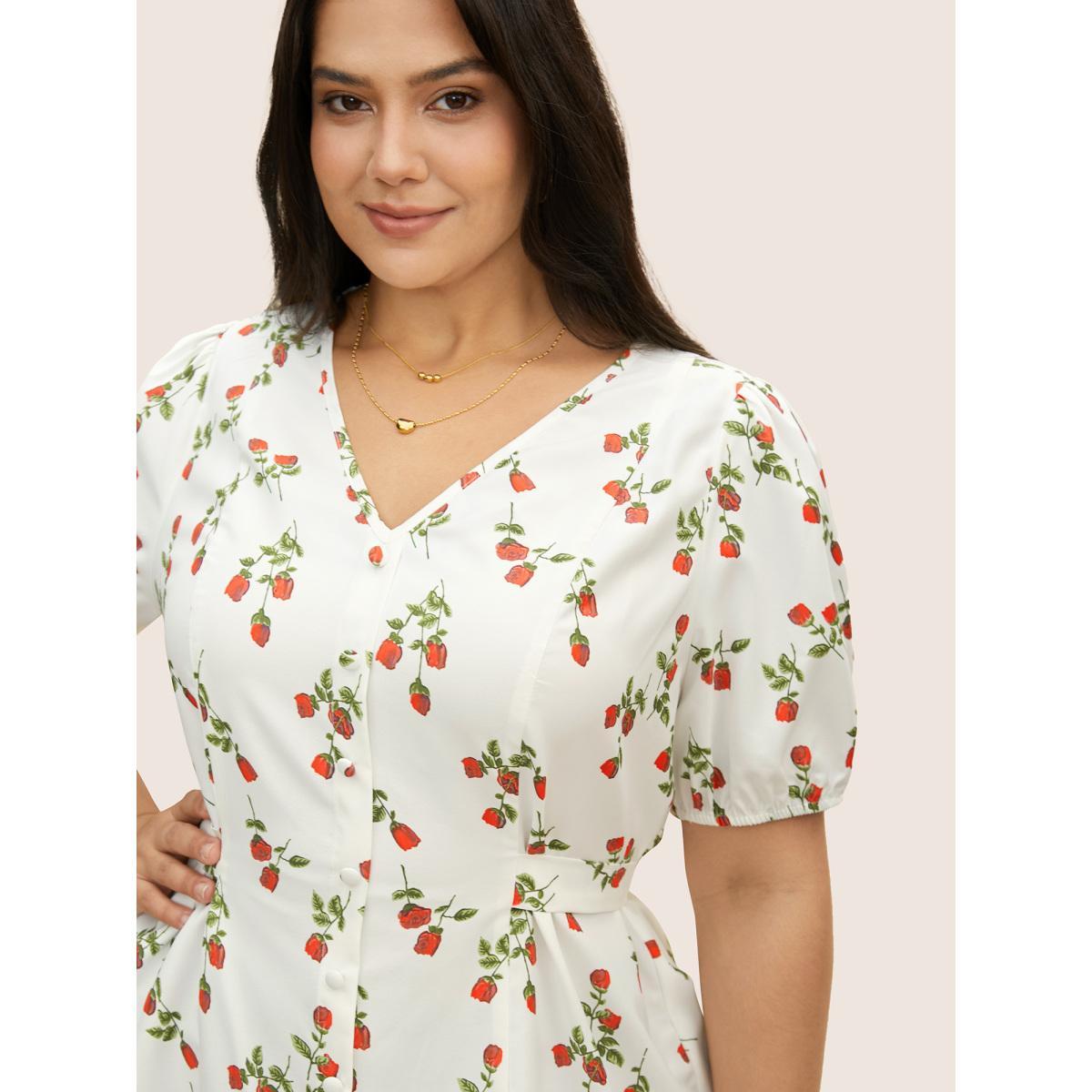Plus Size Ivory Rose Print Tie Knot Button Detail Ties Blouse Women Elegant Short sleeve V-neck Everyday Blouses BloomChic 18-20/2X Product Image