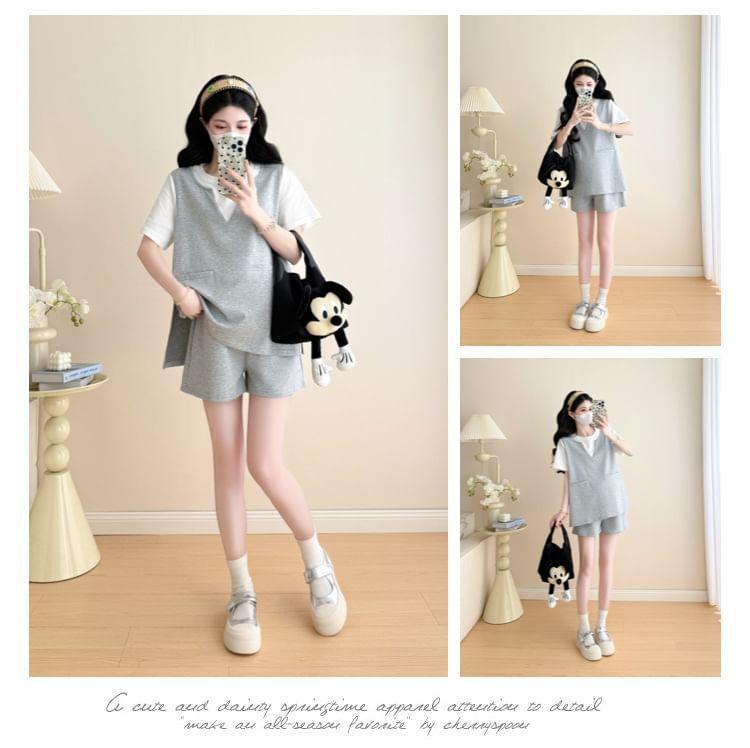 Maternity Set: Short-Sleeve Round Neck Mock Two Piece Tee + High Waist Plain Shorts Product Image