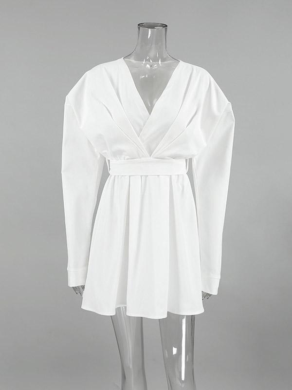 Long Sleeves Loose Pleated Solid Color Split-Joint Tied Waist V-Neck Mini Dresses Shirt Dress Product Image