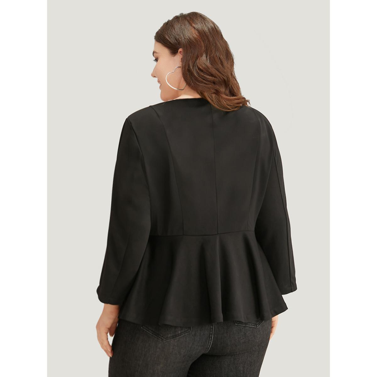 Plus Size Plain Button Up Ruffle Hem Blazer Black Women Dailywear Plain Plain Sleeve Long Sleeve V-neck 22-24/3X Casual Blazers BloomChic Product Image