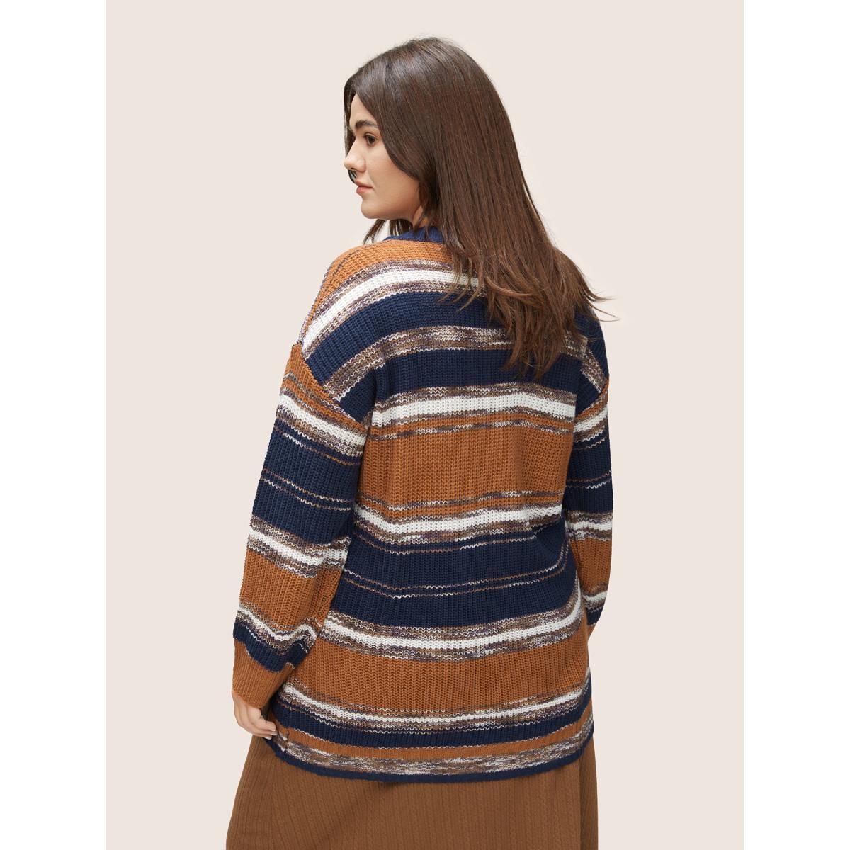 Plus Size Striped Colorblock Contrast Heather Patchwork Pullover Chocolate Women Casual Loose Long Sleeve V-neck Dailywear Pullovers BloomChic 12/L Product Image