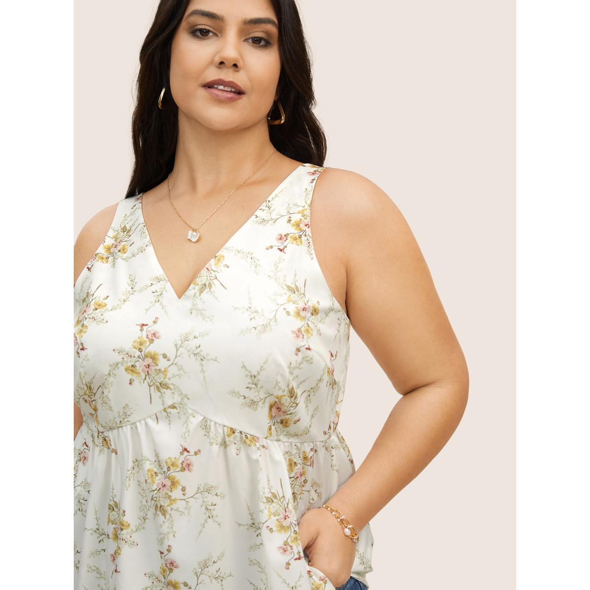 Plus Size V Neck Floral Print Adjustable Straps Cami Top Women Originalwhite Elegant Contrast V-neck Everyday Tank Tops Camis BloomChic 18-20/2X Product Image