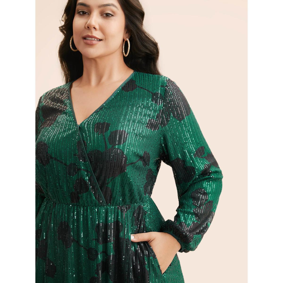Plus Size Sequin Floral Lantern Sleeve Midi Dress Truegreen Women Cocktail Texture Party Curvy Bloomchic 18-20/2X Product Image