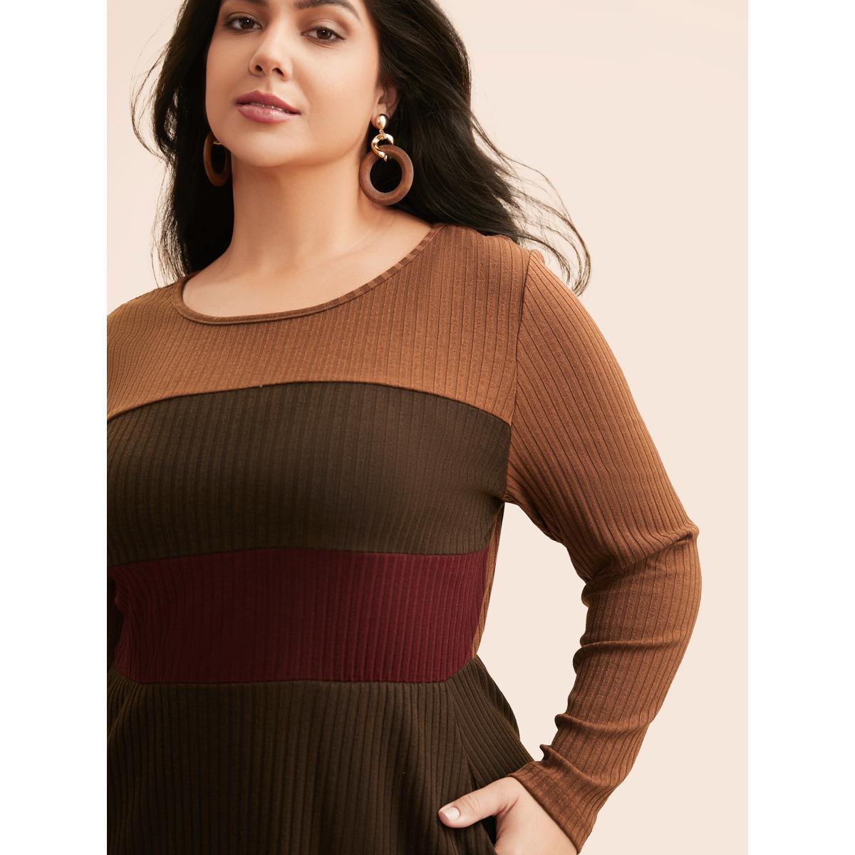 Plus Size Colorblock Contrast Textured Pocket Dress Browncoffeecolor Women Casual Texture Round Neck Long Sleeve Curvy BloomChic 10/M Product Image