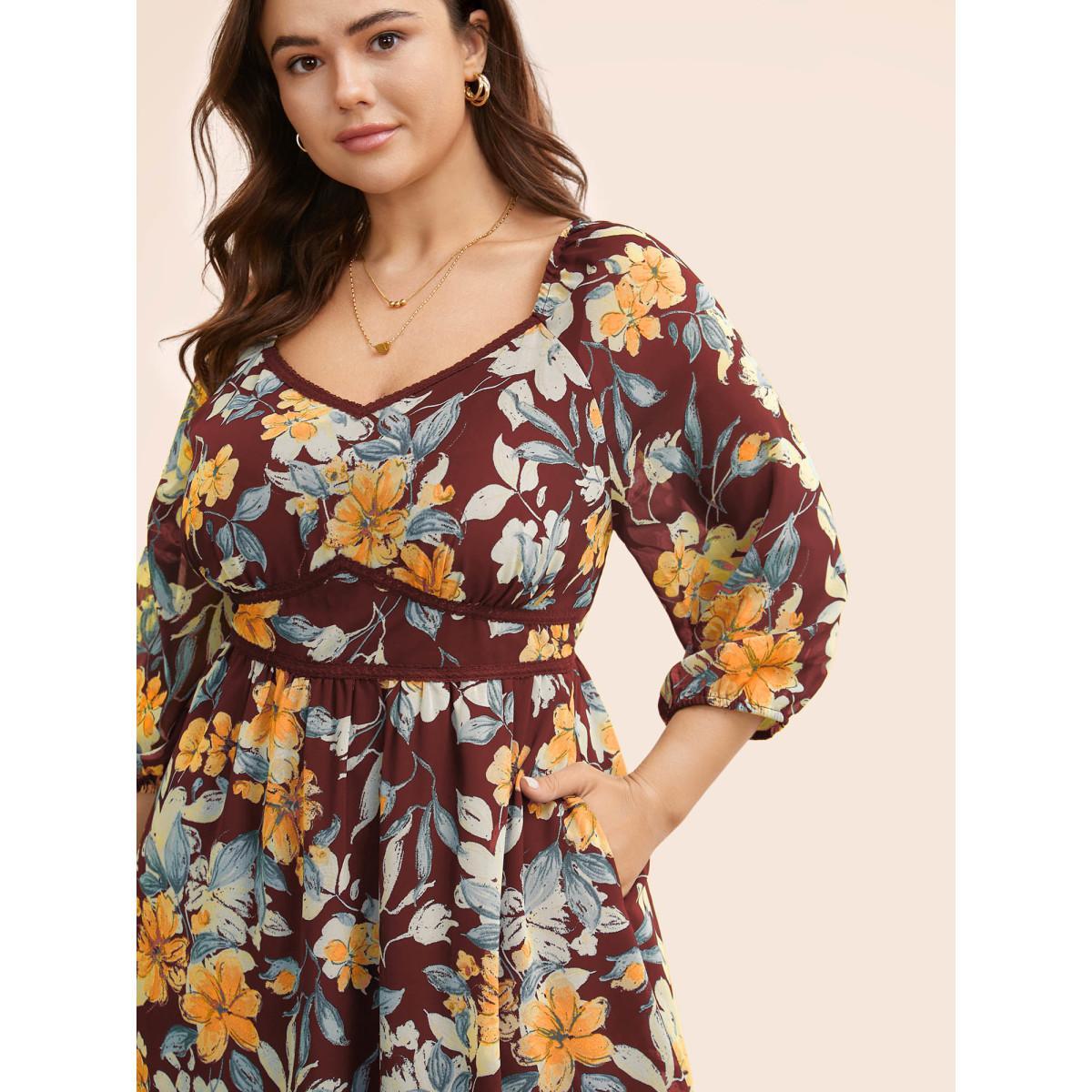 Plus Size Floral Heart Neckline Woven Ribbon Gathered Dress Burgundy Women Elegant Woven ribbon&lace trim Heart neckline Elbow-length sleeve Curvy BloomChic 26/4X Product Image