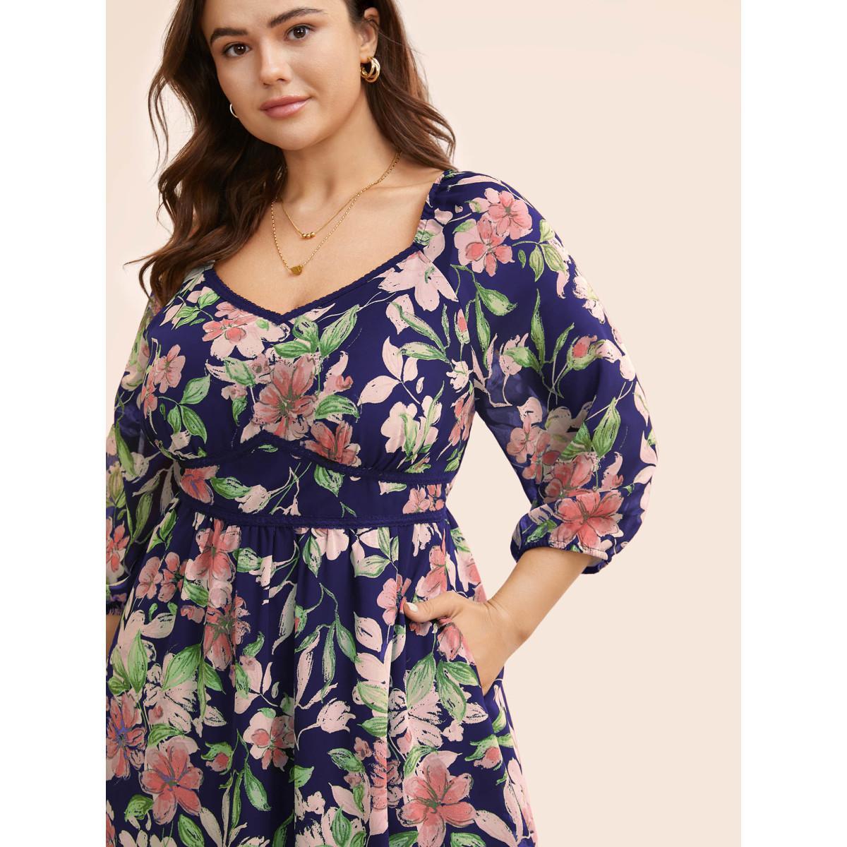 Plus Size Floral Heart Neckline Woven Ribbon Gathered Dress Navy Women Elegant Woven ribbon&lace trim Heart neckline Elbow-length sleeve Curvy BloomChic 10/M Product Image
