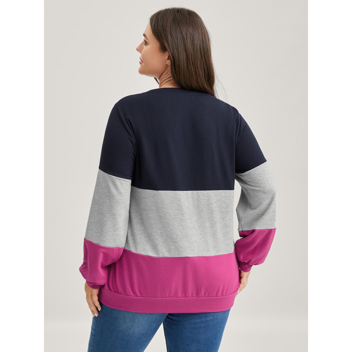 Plus Size Supersoft Color Block Neck Cut-Out Sweatshirt Women Indigo Round Neck Everyday-Casual Sweatshirts BloomChic 22-24/3X Product Image