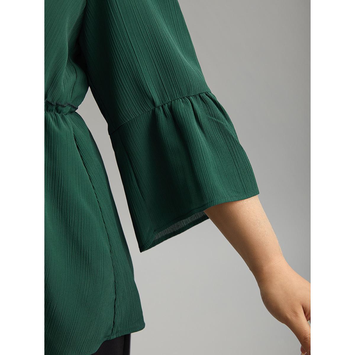 Plus Size DarkGreen Plisse Button Detail Elastic Waist Blouse Women Work From Home Elbow-length sleeve V-neck Work Blouses BloomChic 18-20/2X Product Image