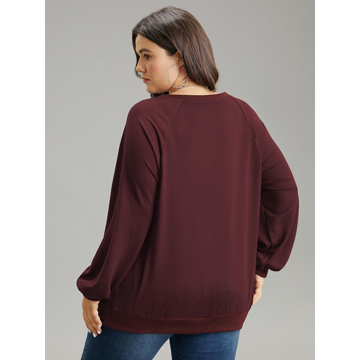Plus Size Solid Rib Knit Cut Out Raglan Sleeve Sweatshirt Women Burgundy Casual Rib Knit Keyhole Cut-Out Everyday Sweatshirts BloomChic 14-16/1X Product Image