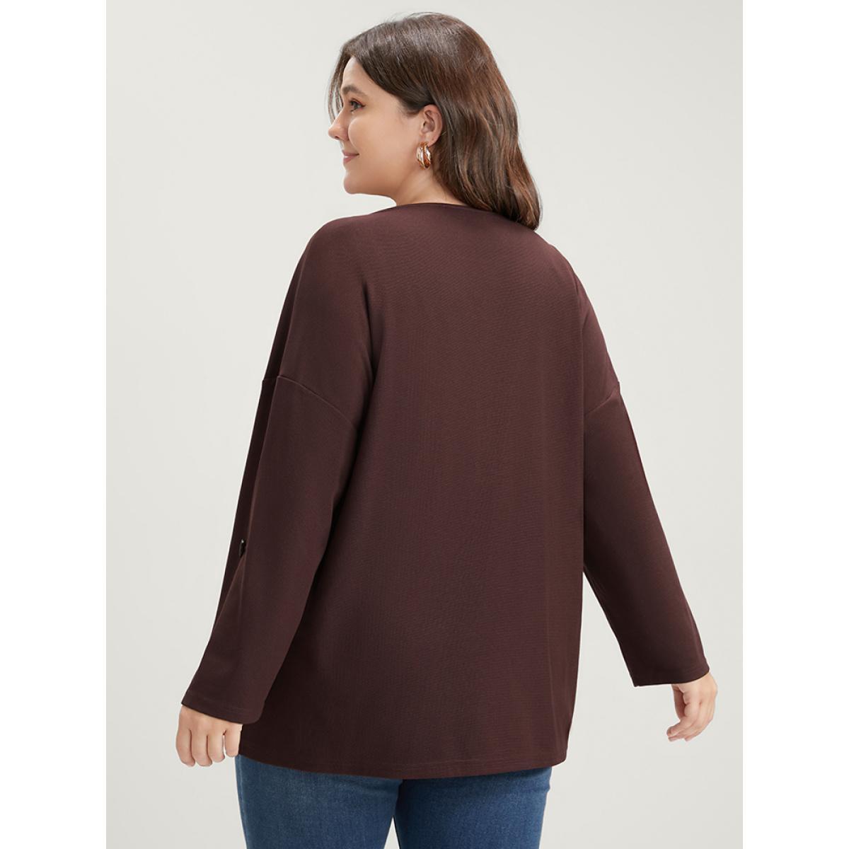 Plus Size Solid Cuffed Sleeve Split Hem Long Tee Burgundy Women Casual Button Plain V-neck Work T-shirts BloomChic 26/4X Product Image