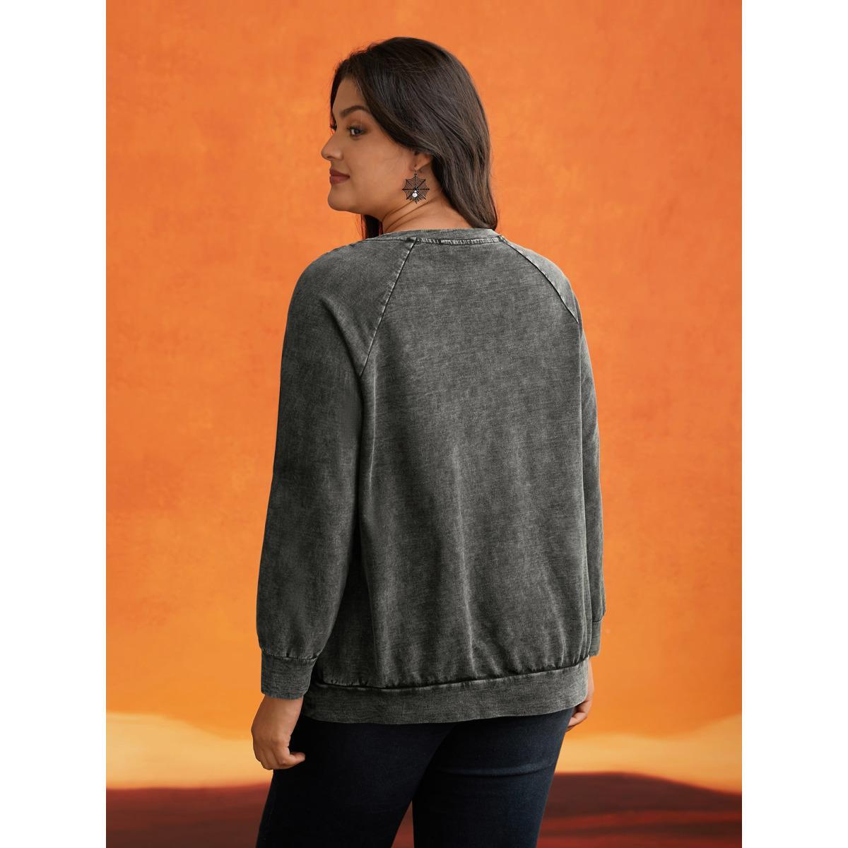 Plus Size Retro Wash Cotton Sweatshirt Women Black Casual Non Round Neck Everyday Sweatshirts BloomChic 18-20/2X Product Image