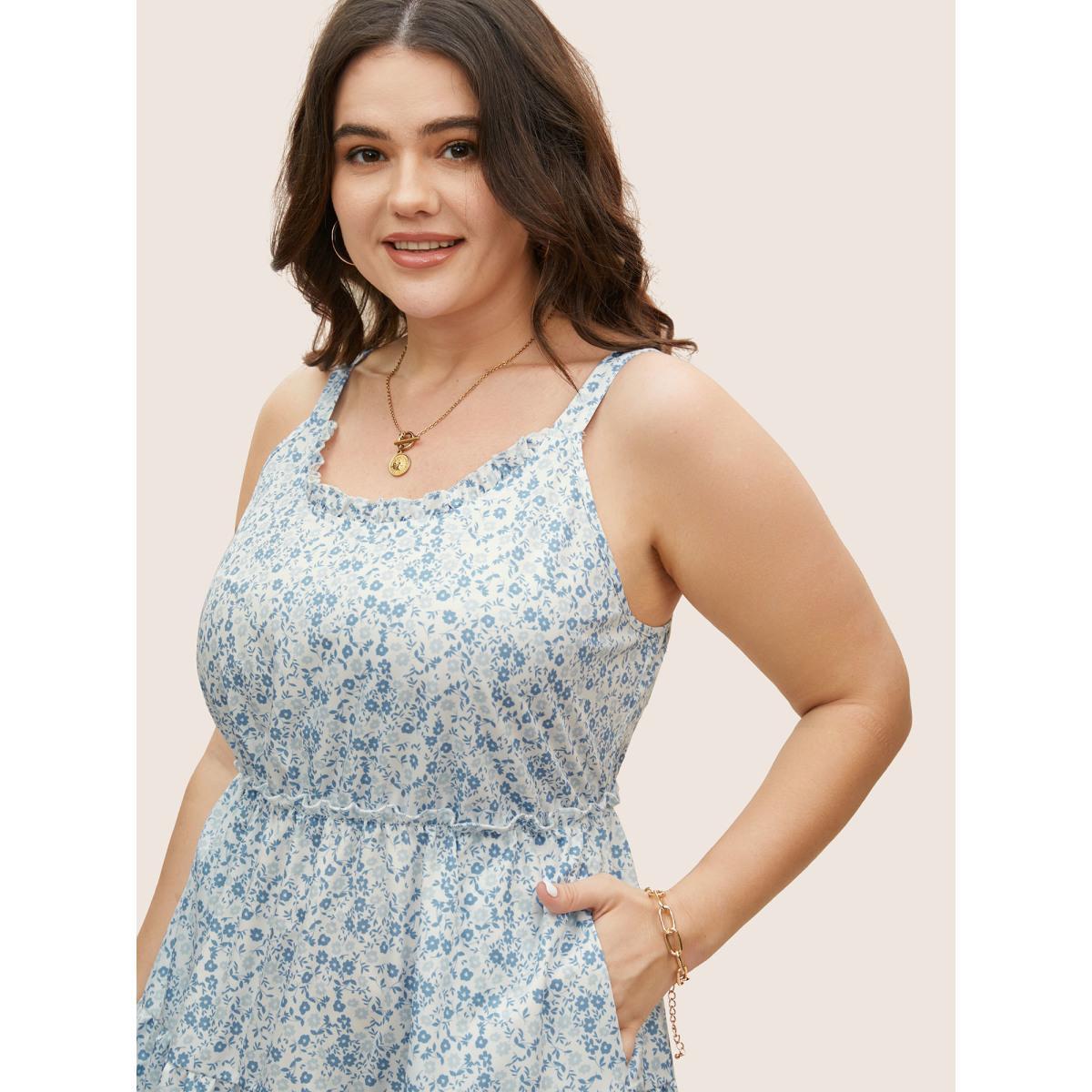 Plus Size Ditsy Floral Patchwork Frill Trim Dress LightBlue Women Casual Boat Neck Sleeveless Curvy BloomChic 22-24/3X Product Image