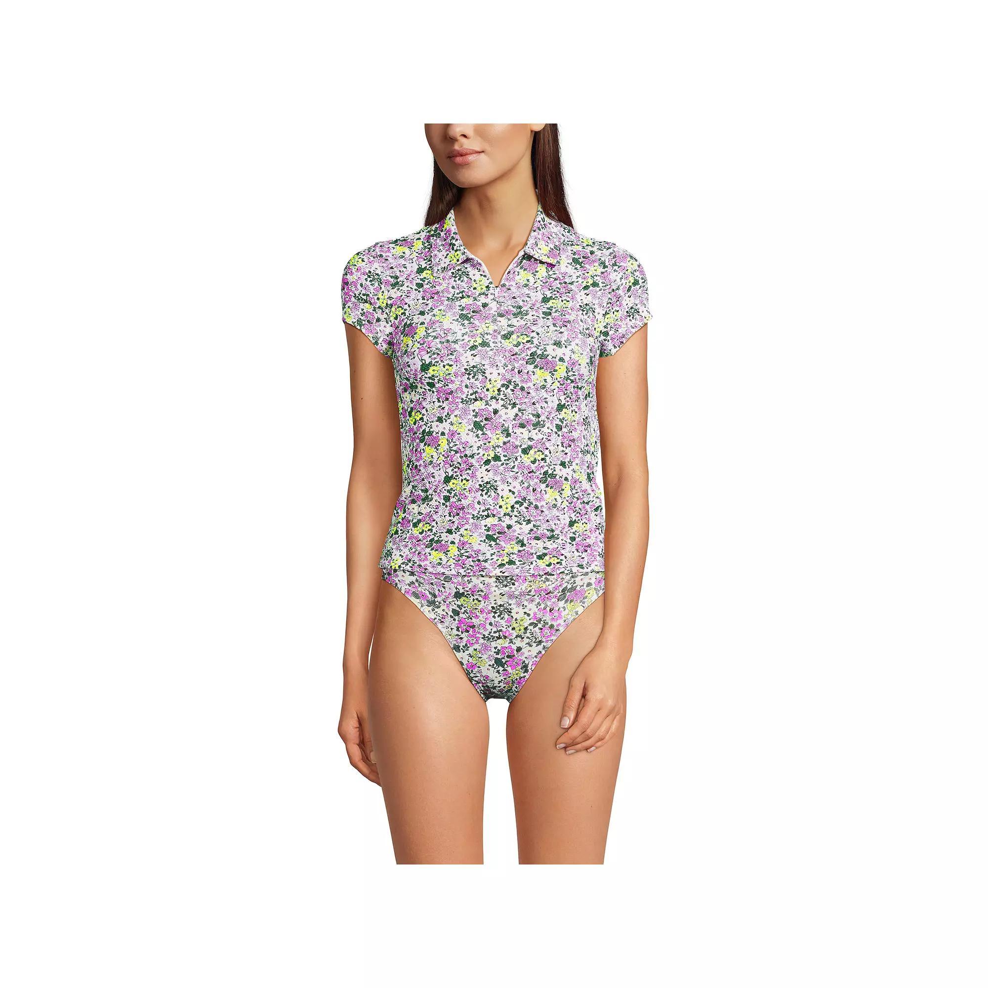 Women's Lands' End Short Sleeve Pique Johnny Collar UPF 50 Rashguard, Size: Medium, White Ditsy Floral Product Image