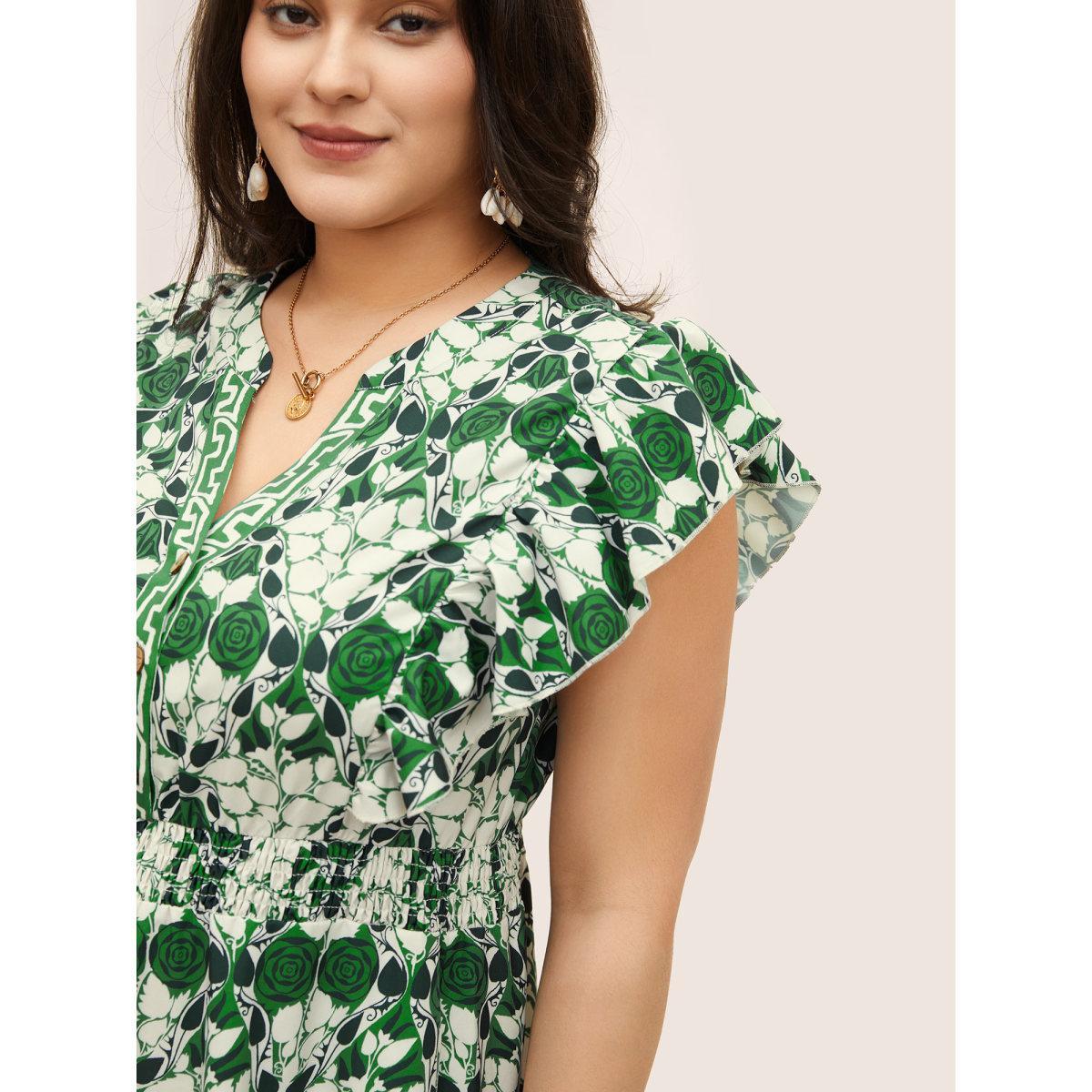 Plus Size Boho Print Ruffles Shirred Pocket Elastic Waist Dress Green Women Resort Non Notched collar Cap Sleeve Curvy Midi Dress BloomChic 14-16/1X Product Image