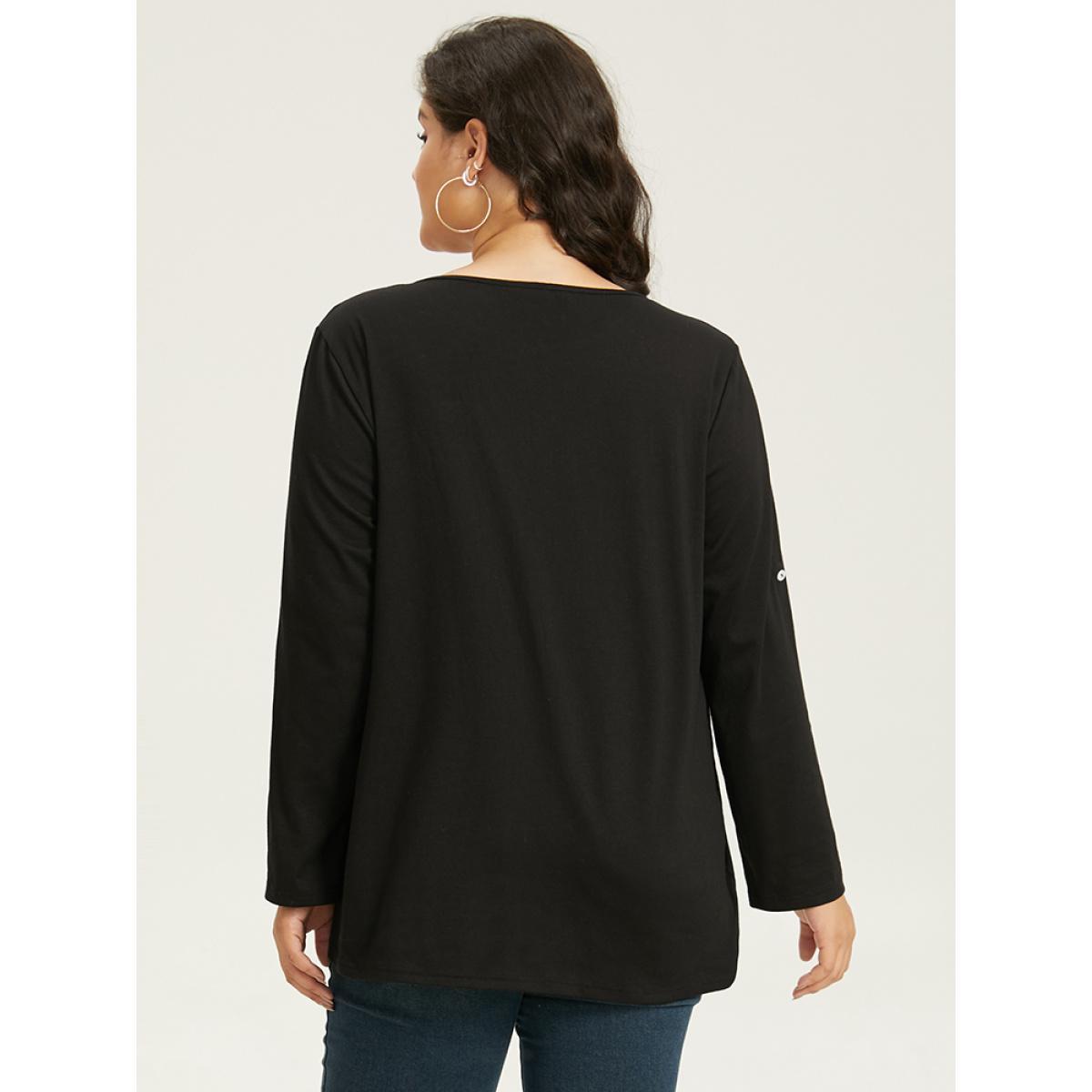 Plus Size Plain Button Up Tab Sleeve T-shirt Black Women Casual Plain Plain Round Neck Dailywear T-shirts BloomChic 10/M Product Image