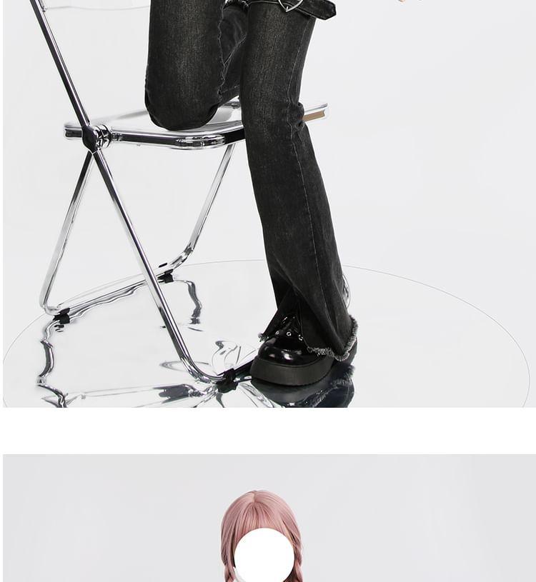 Low Rise Heart Buckled Washed Frayed Slit Flared Jeans Product Image