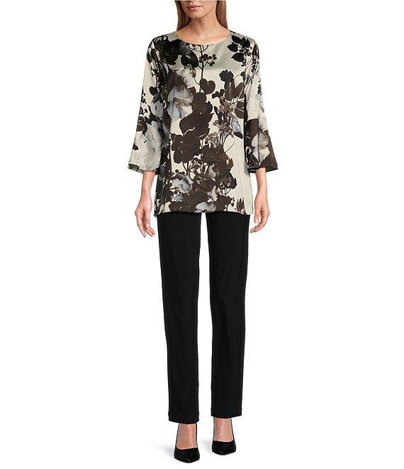 Caroline Rose Woven Crepe Bella Fall Floral Print Scoop Neck 3/4 Bell Sleeve Top Product Image