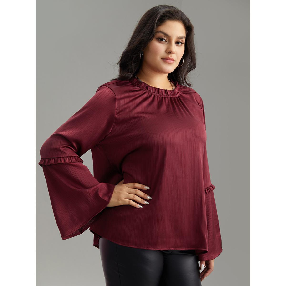 Plus Size Scarlet Plain Frill Trim Bell Sleeve Blouse Women Elegant Long Sleeve Round Neck Dailywear Blouses BloomChic 18-20/2X Product Image