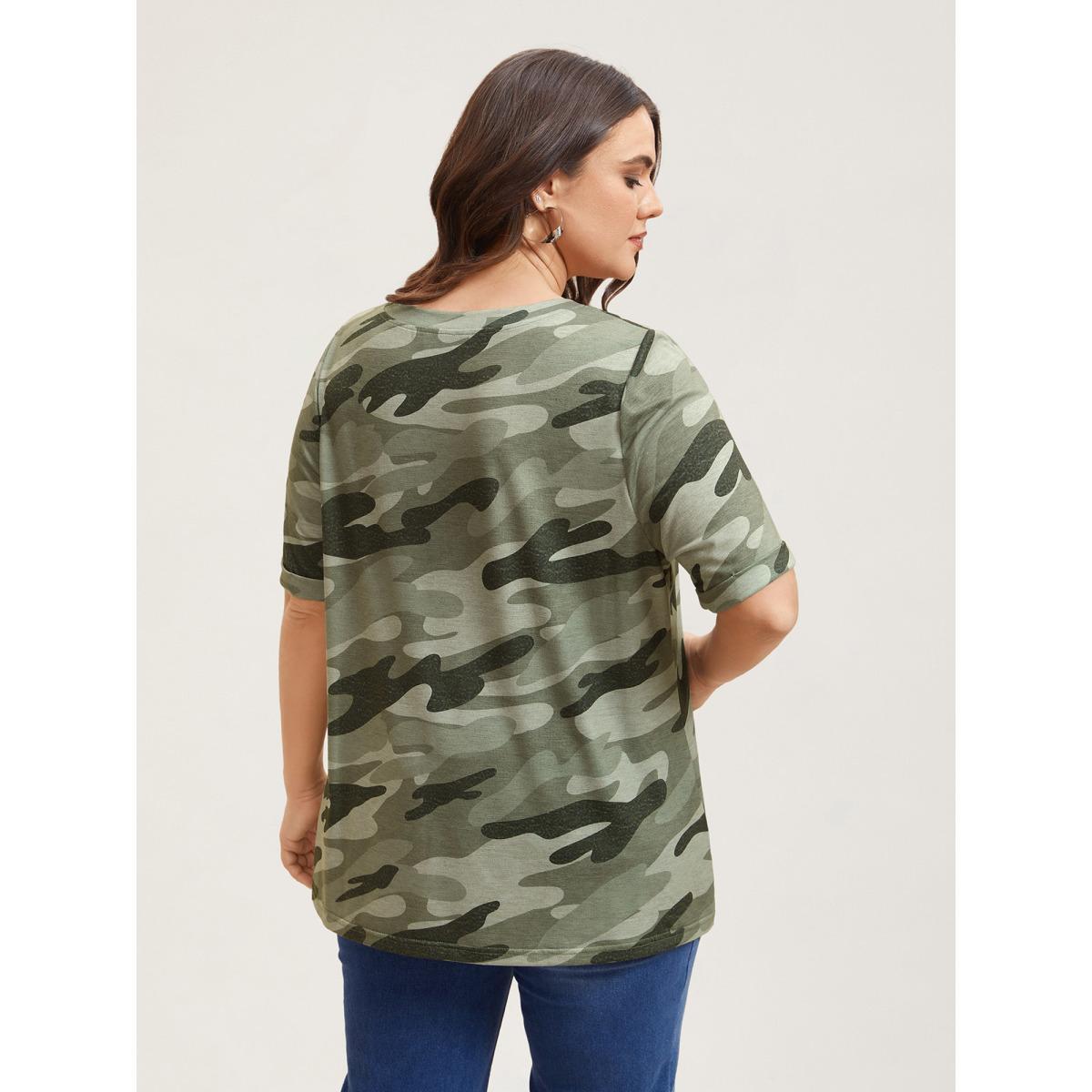 Plus Size Camouflage Print V-Neck Curvy T-Shirt Multicolor Women Elegant Roll Hem V-neck Everyday T-shirts BloomChic 18-20/2X Product Image