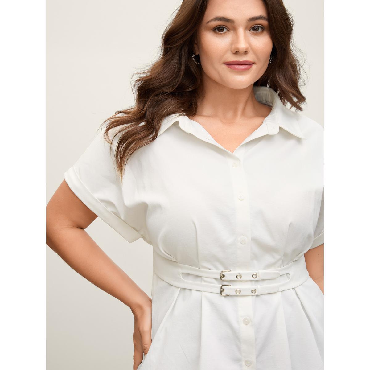 Plus Size Originalwhite Double Belt Waist-Cinched Shirred Blouse Women Short sleeve Shirt collar Work Blouses BloomChic 12/L Product Image