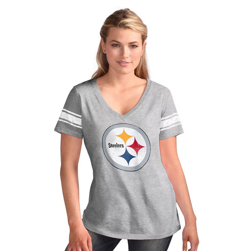 Women's G-III 4Her by Carl Banks  Heather Gray Pittsburgh Steelers First Pick Distressed V-Neck T-Shirt, Size: Small, Grey Product Image