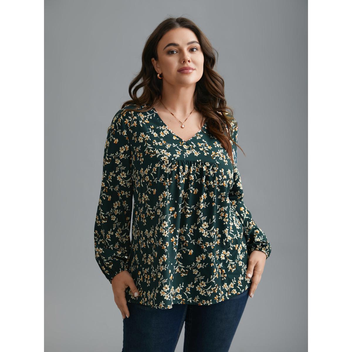 Plus Size DarkGreen Ditsy Floral Split Hem Gathered Blouse Women Elegant Extra Long Sleeve V-neck Everyday Blouses BloomChic 28/5X Product Image