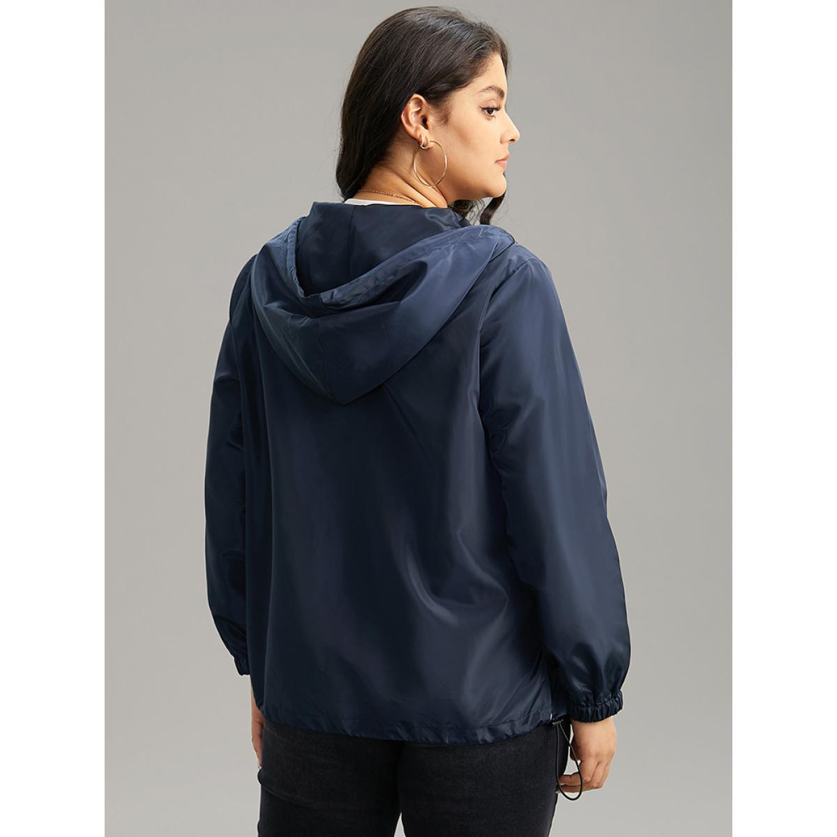 Plus Size Solid Drawstring Zipper Hooded Jacket Women Indigo Elastic cuffs Pocket Dailywear Jackets BloomChic 30/6X Product Image