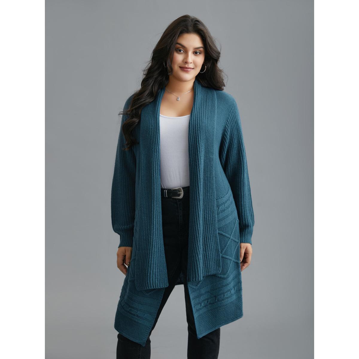 Plus Size Cable Knit Asymmetrical Hem Open-Front Cardigan Cyan Women Casual Loose Long Sleeve Everyday Cardigans BloomChic 10/M Product Image