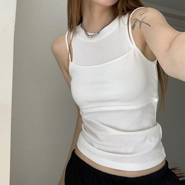 Mock Two-Piece Round Neck Plain Crop Tank Top Product Image