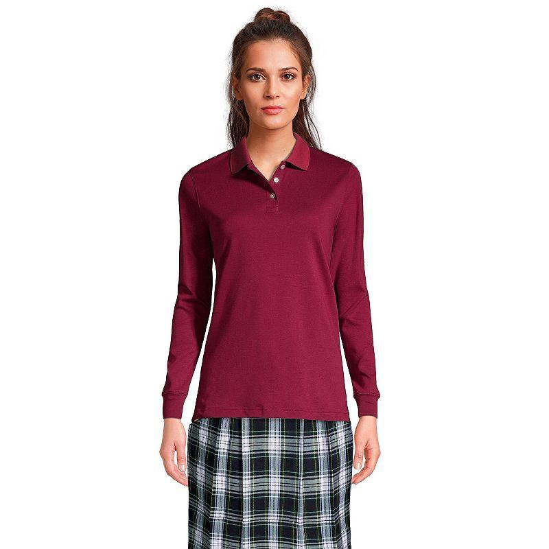Womens Lands End School Uniform Long Sleeve 3-Button Interlock Polo Shirt Red Product Image