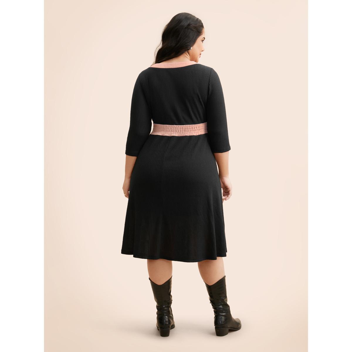 Plus Size Contrast Texture Metal Detail Midi Dress Black Women Elegant Texture Round Neck Elbow-length sleeve Curvy BloomChic 30/6X Product Image