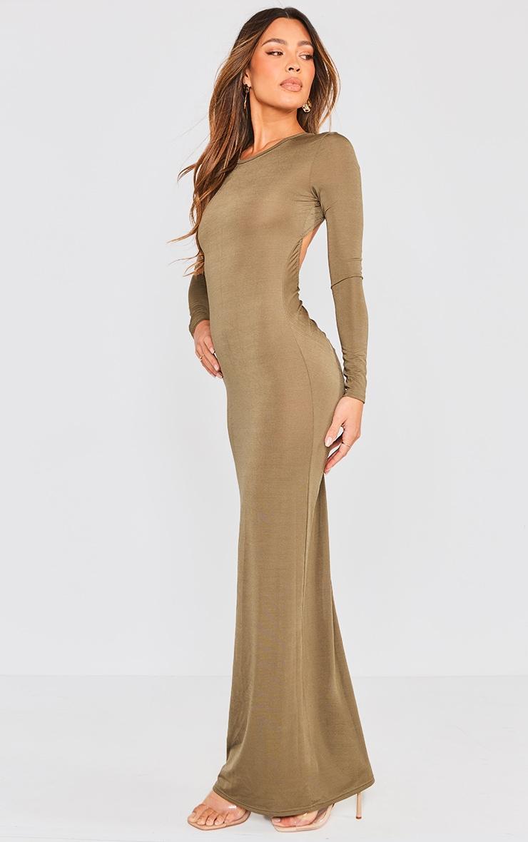  Khaki Long Sleeve Open Back Ruched Detail Maxi Dress Product Image