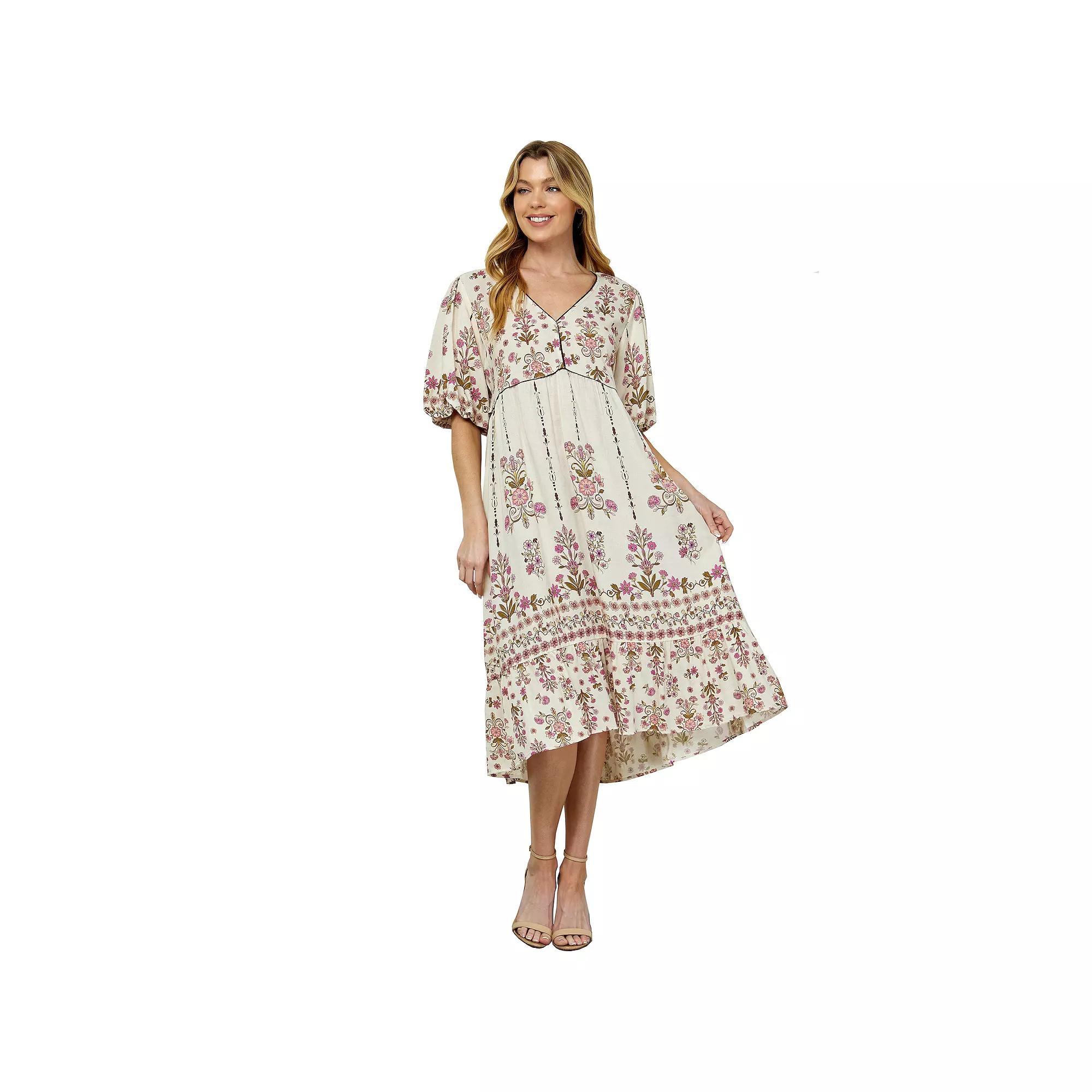 Women's Figueroa & Flower V-Neck Printed Peasant Dress, Size: Small, Linen Lavendar Product Image