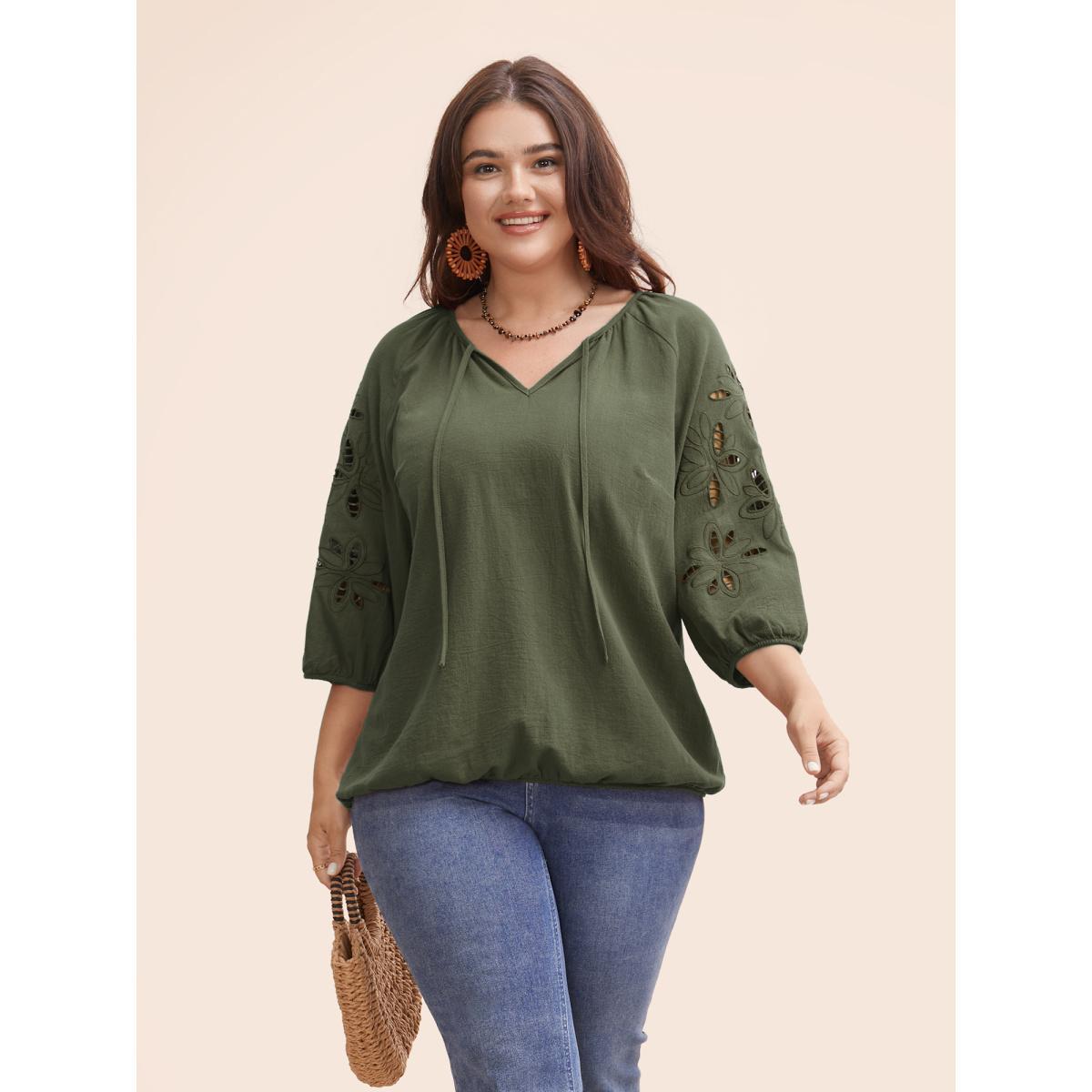 Plus Size Rust Broderie Anglaise Gathered Tie Knot Blouse Women Resort Elbow-length sleeve Round Neck Vacation Blouses BloomChic 22-24/3X Product Image